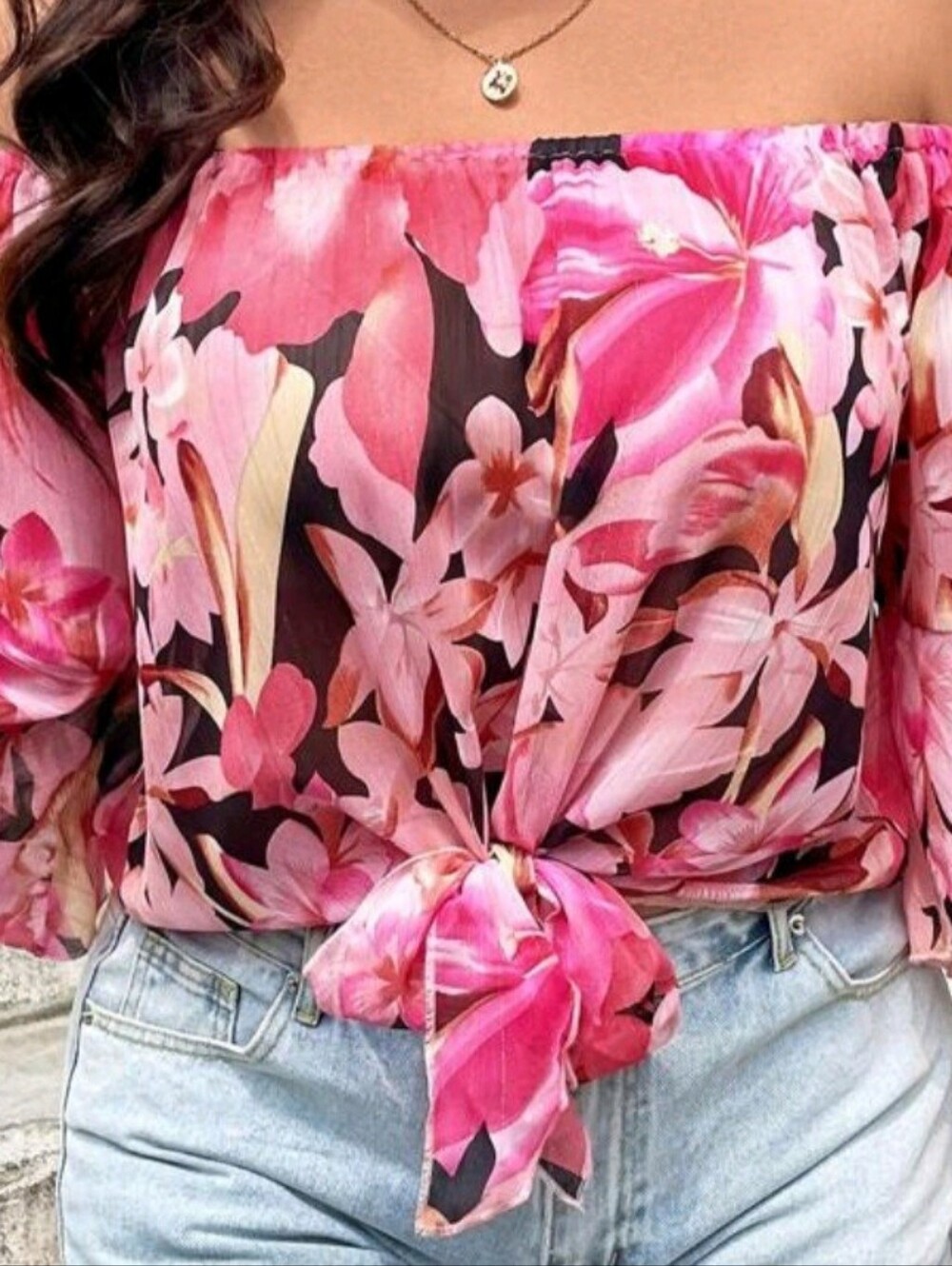 Plus Size Floral Off-Shoulder Front Tie Top - Pink Floral